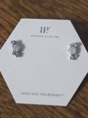 bp Opal-Effect Stud Earrings with Sparkling Accents - White and Iridescent